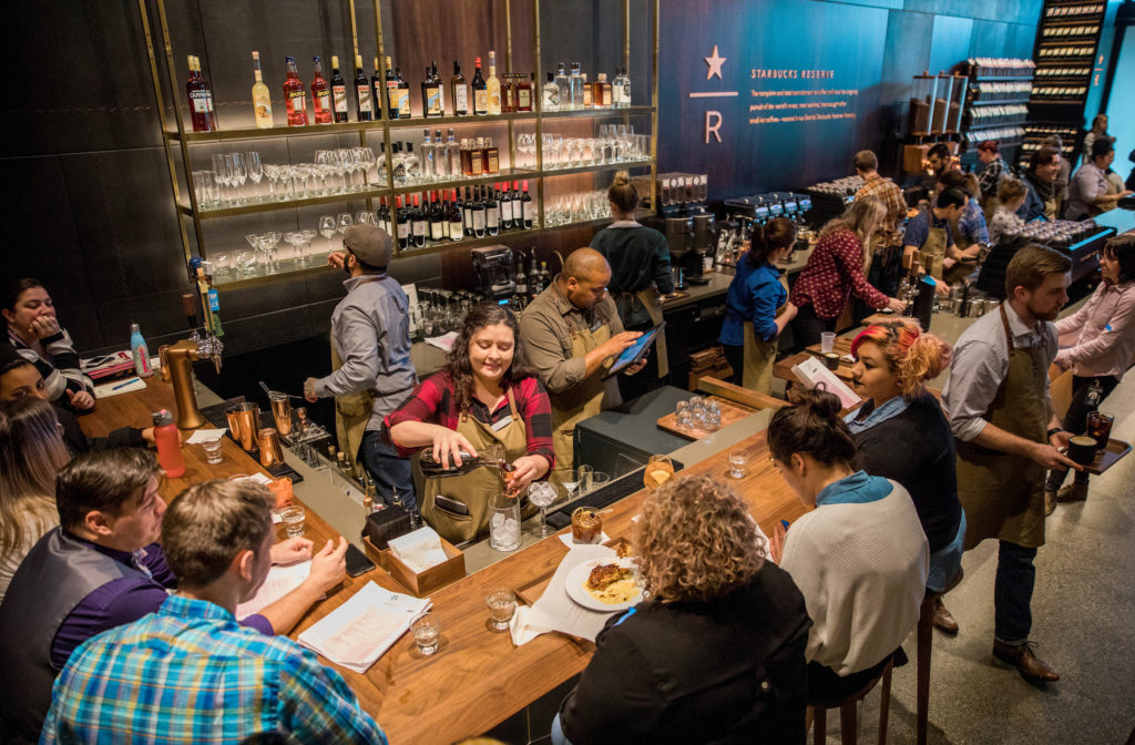 Starbucks partners work in the new Starbucks Reserve store at the Starbucks Support Center in Seattle on Wednesday, February 21, 2018. (Joshua Trujillo, Starbucks)