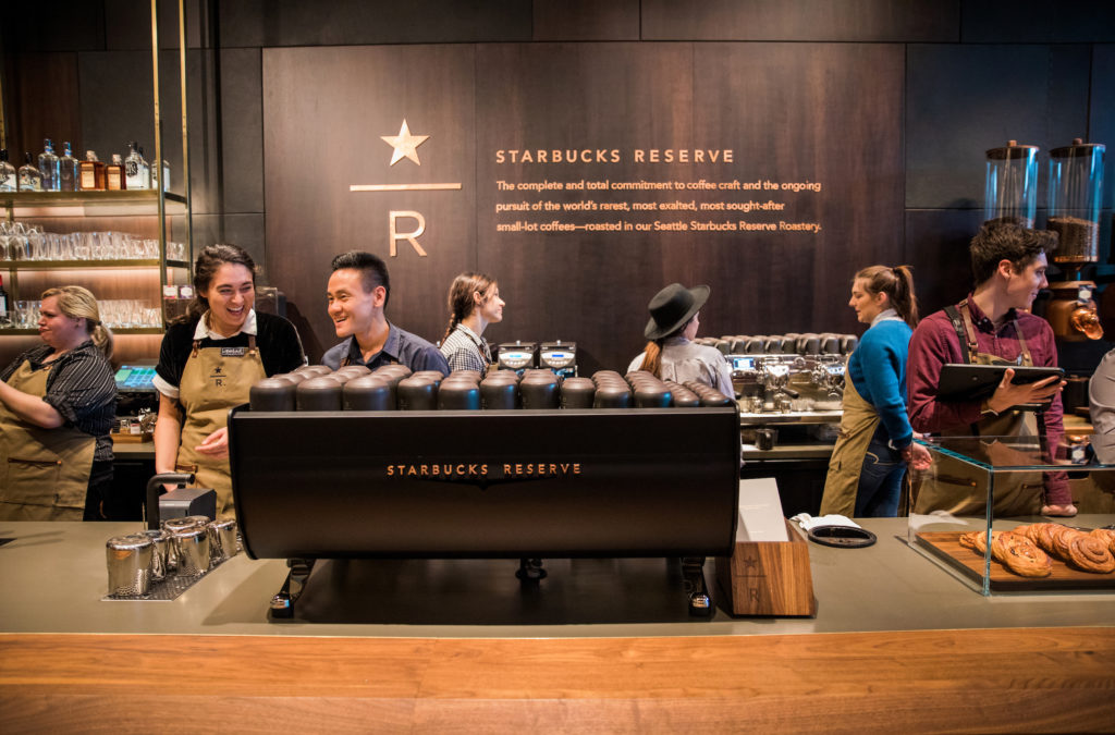 Starbucks partners work in the new Starbucks Reserve store at the Starbucks Support Center in Seattle on Wednesday, February 21, 2018. (Joshua Trujillo, Starbucks)